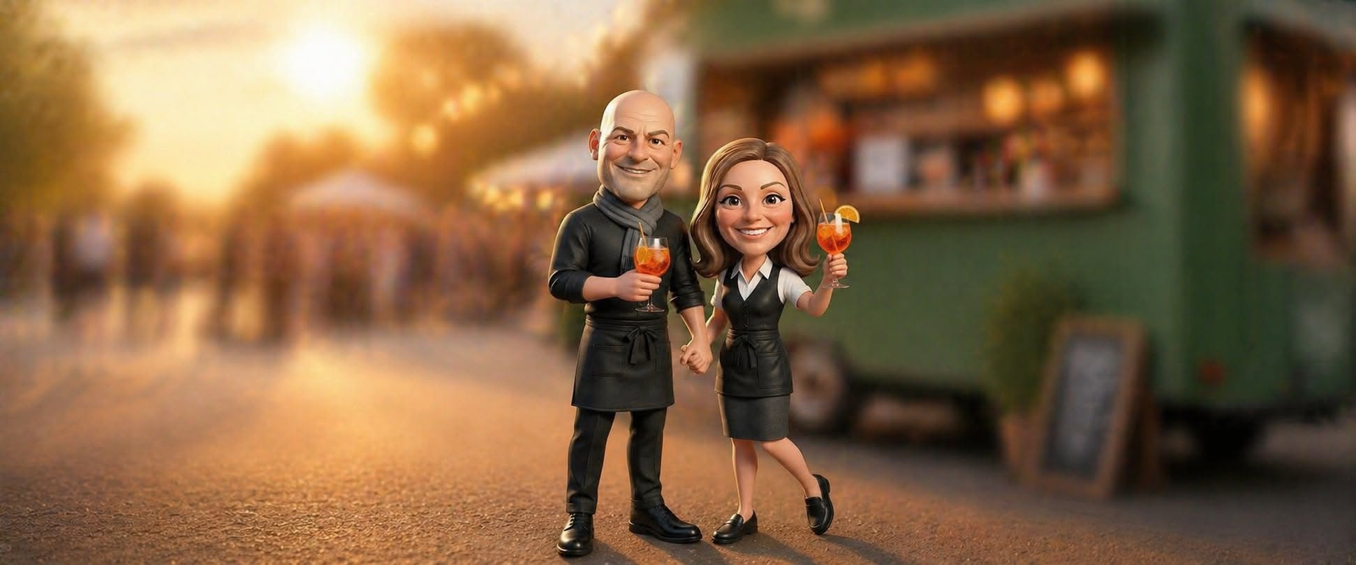 Isa et Rudy, les fondateurs de BaRez Vous, verre &agrave; la main devant leur caravane-bar au coucher du soleil