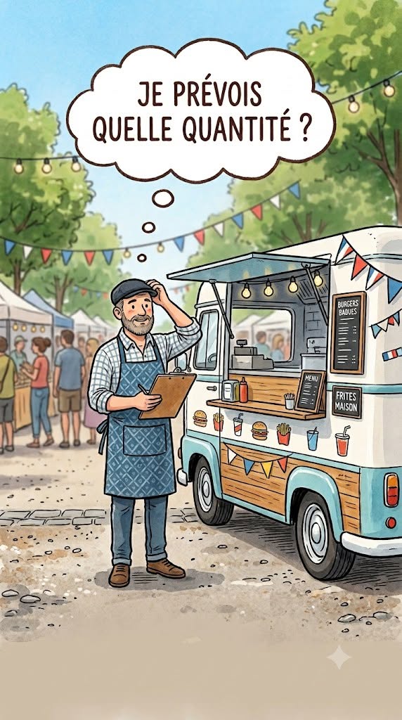 Illustration : un patron de food truck sur un march&eacute;, perplexe, se demande quelle quantit&eacute; pr&eacute;voir